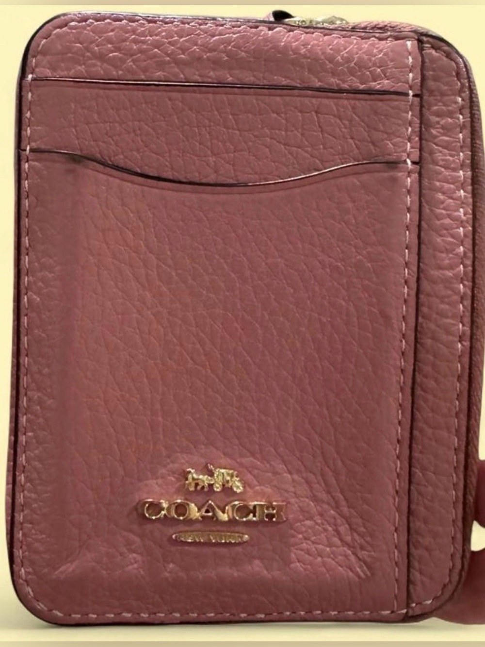 Coach Pink Pebbled Leather Zip Card Holder with Gold Logo